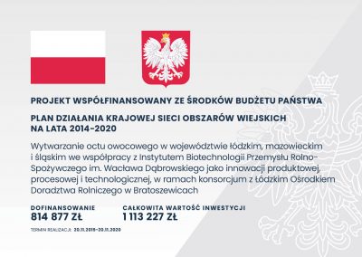 Wytwarzanie octu owocowego w województwie łódzkim, mazowieckim i śląskim we współpracy z Instytutem Biotechnologii Przemysłu Rolno-Spożywczego im. Wacława Dąbrowskiego jako innowacji produktowej, procesowej i technologicznej, w ramach konsorcjum z Łódzkim Ośrodkiem Doradztwa Rolniczego w Bratoszewicach