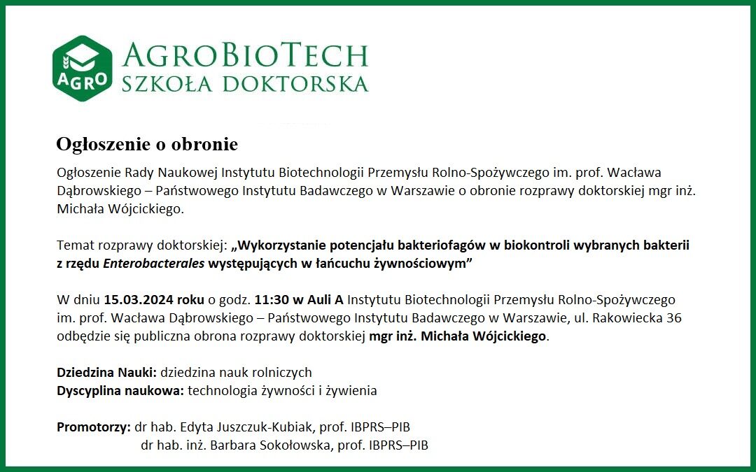 Ogłoszenie o obronie mgr inż. Michała Wójcickiego