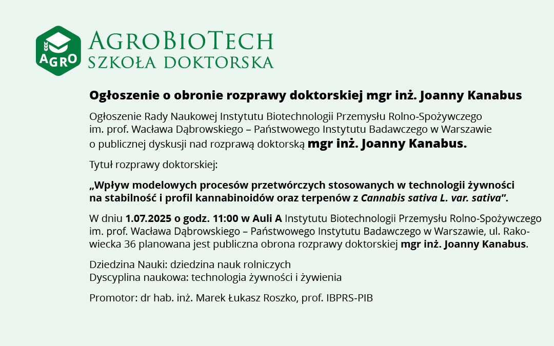 Ogłoszenie o obronie rozprawy doktorskiej mgr inż. Joanny Kanabus