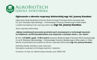 Ogłoszenie o obronie rozprawy doktorskiej mgr inż. Joanny Kanabus