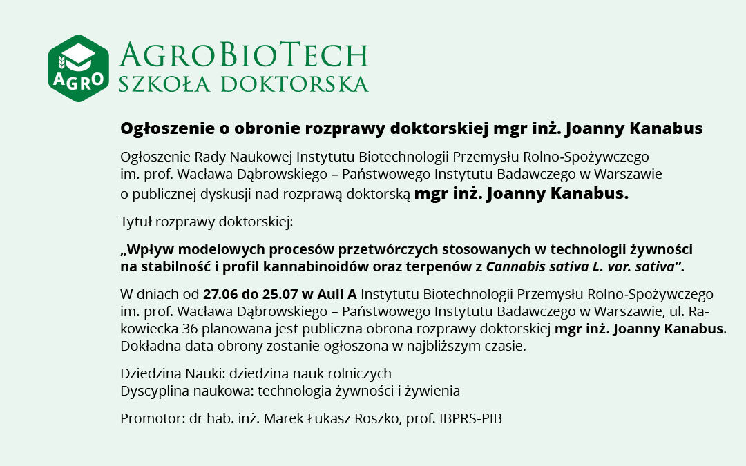 Ogłoszenie o obronie rozprawy doktorskiej mgr inż. Joanny Kanabus
