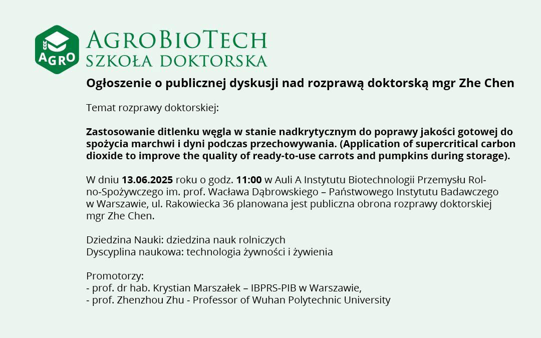 Ogłoszenie o obronie rozprawy doktorskiej mgr Zhe Chen